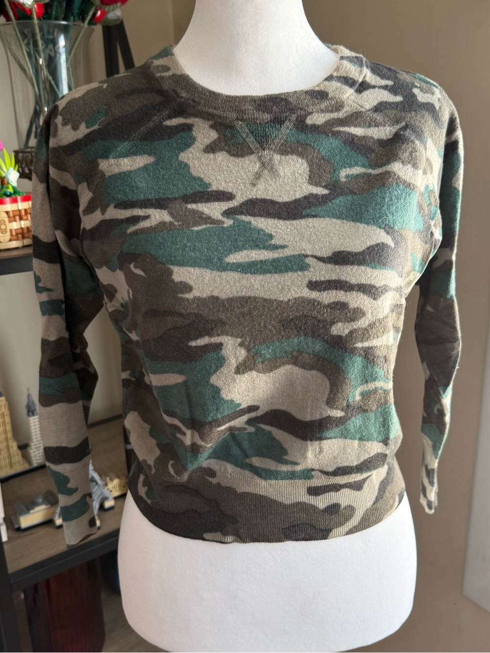 J. Crew Women's Green and Brown Camo Crewneck Sweater